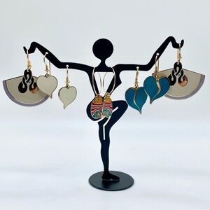 Neo-Vintage Laurel Burch Enamel Hearts & Fan + Cloisonné Cat Dangle Earrings